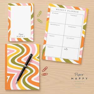 Retro Wavy Stationery Set – Weekly Planner, Notebook & Notepad | Cute Desk Set | Paper Happy Design Studio