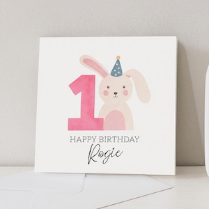 Personalised 1st Birthday Card for Granddaughter Niece Daughter Goddaughter Little Girl - Baby Rabbit - Personalised with Name
