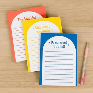 Juego de 3 blocs de notas A6 divertidos: 50 páginas con listas desprendibles: Cosas que no recuerdo, cosas que no quiero hacer. Regalo de papelería con humor.