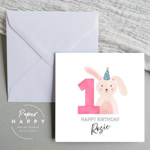Cartão de 1º aniversário personalizado para neta, sobrinha, filha, afilhada, menina - Coelhinho - Personalizado com nome