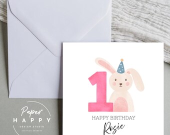 Carte personnalisée 1er anniversaire pour petite-fille nièce fille filleule petite fille - bébé lapin - personnalisée avec nom
