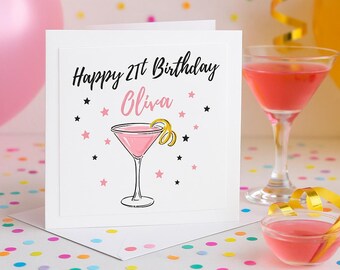 Personalized 21st Birthday Card: Cocktail Design, Custom Name