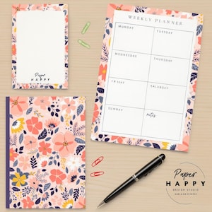 Floral Stationery Set – Weekly Planner, Notebook & Notepad | Cute Desk Set | Paper Happy Design Studio