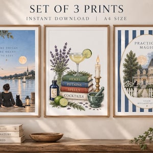 Praktisk magisk väggkonst, set med 3, utskrivbara A4-tryck, häxig akvarelldekor, Salem-inspirerad konst, omedelbar digital nedladdning