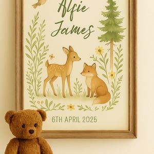 Personalized Woodland Nursery Print: Vintage Forest Animals, Baby Boy Gift
