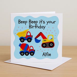 Caminhões de Aniversário - Cartão Personalizado de Feliz Aniversário, Aniversário Infantil, Aniversário Infantil, Aniversário de Meninos. escavadeira, caminhão