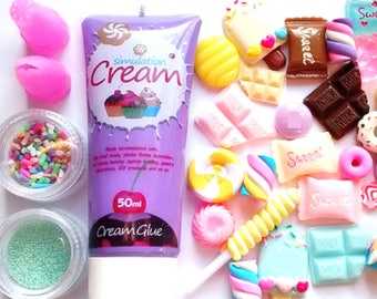 Decoden whip glue kit with 30pcs fake candy cabs, sprinkles, nozzles , choose color, craft supplies, cabochons, phone case deco,