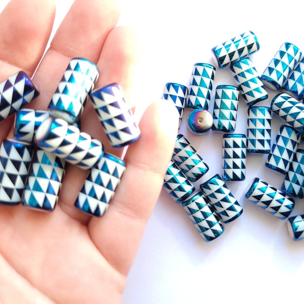 5pcs  Porcelain column beads , pretty pearlised beads , large beads , electroplated blue and white beads