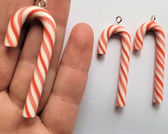 4pcs Large Christmas candy cane charms , polymer clay candy cane pendants , red and white