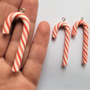 4pcs Large Christmas candy cane charms , polymer clay candy cane pendants , red and white