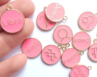 12 pcs Set of astrology zodiac charms - Light Pink enamel charms - zodiac queen , craft supplies