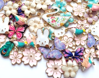 10/20/50pcs Swan lake and butterfly enamel charm set , rabbit, bird charm set - decoden craft supplies
