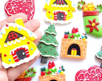 5/10 pieces HUGE Christmas cabochon stocking set - gingerbread house , fireplace , tree cabs