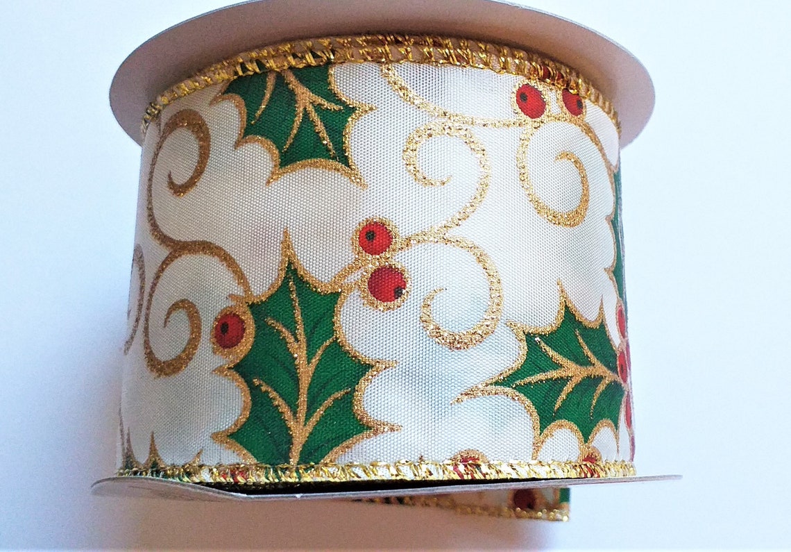 EXTRA WIDE 60mm wired ribbon Holly traditional christmas Etsy