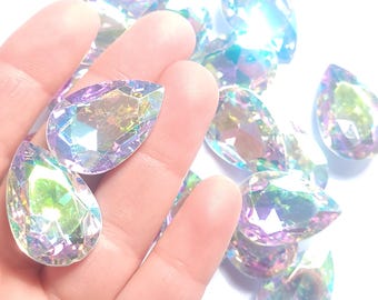 Diamond bling rainbow teardrop cabochons, large jewels, beautiful super sparkly jewel cabochons, faceted jewels