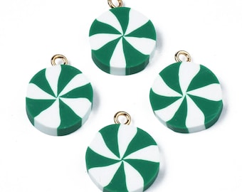 May include: Four green and white peppermint candy swirl ornaments with gold jump rings.