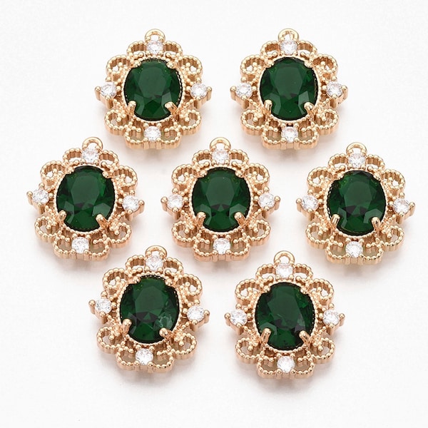 2/5/10pcs Emerald green glass opulant charms ,  Green glass cameo diamante charms,  jewellery making craft supplies