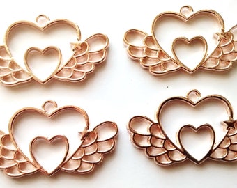 4/8pcs open bezel charms - angel wings - heart charm, rose gold, resin making, jewellery, decoden craft supplies,