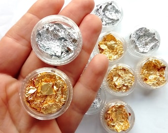 Pot of gold leaf - for UV epoxy resin and more - mold creations - kawaii craft supplies, gold foil and silver foil, silver leaf