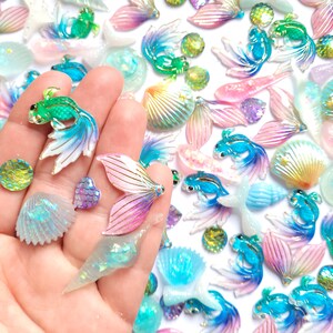 10/20/100 pcs - fantail fish, mermaid tails and shells cabochon mix - bulk buy - kawaii decoden supplies
