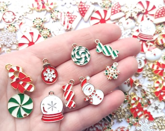 RED white and green enamel CHRISTMAS charms - 5/10/20/50/100 pcs - jewellery making , craft supplies , high quality