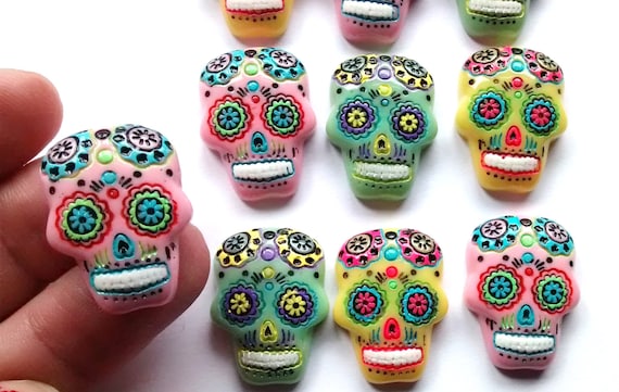 6 GLASS Sugar Skull Dome coloured Cabochons 25mm Day of the Dead 20/% MULTI-BUY