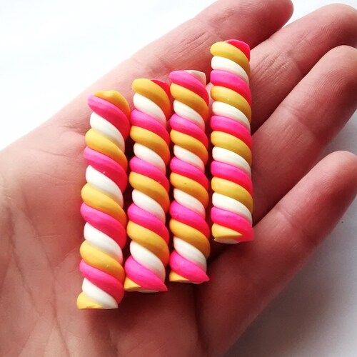 1/2pcs LARGE yellow and pink twister candy cane, polymer clay candy canes, candy stick slices for uv resin, decoden crafts supplies,
