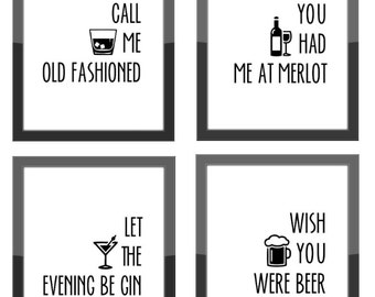 Cocktailcitaatafdrukken: grappig bardecor, set van 4 (pdf-downloads)