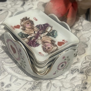 Vintage porcelain trinket, pin dish, card deck holder. Unusual porcelain pin dish holder
