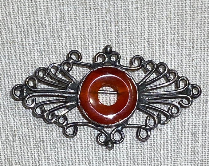 Handmade Wrapped Metal Brooch With Carnelian Center