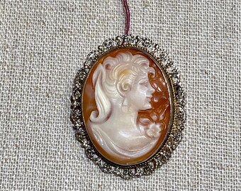 Vintage Carved Shell Cameo Brooch Pendant in Sterling Silver Frame