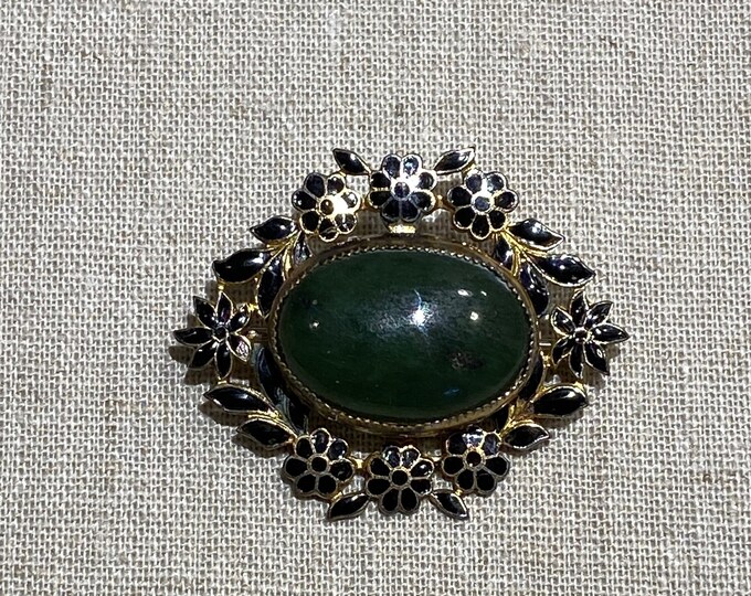 Early 1930s Jade Like Stone With Enamel Flowers Brooch