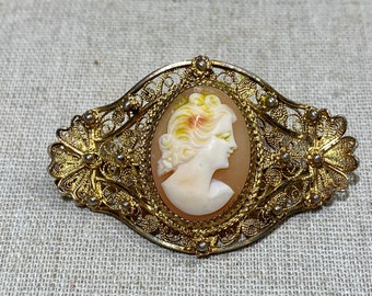 Sterling Vermeil Hand Carved Shell Cameo Brooch