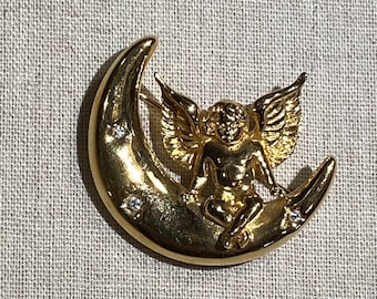 Signed Givenchy Rhinestone Angel On Moon Brooch