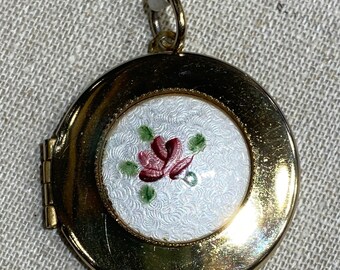 Vintage Guilloche Enamel Locket With Flower