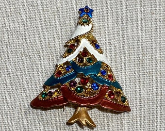 Modern Rhinestone Christmas Tree Brooch With Painted Garland