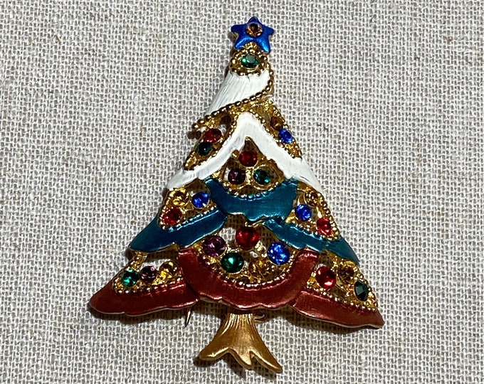 Modern Rhinestone Christmas Tree Brooch With Painted Garland