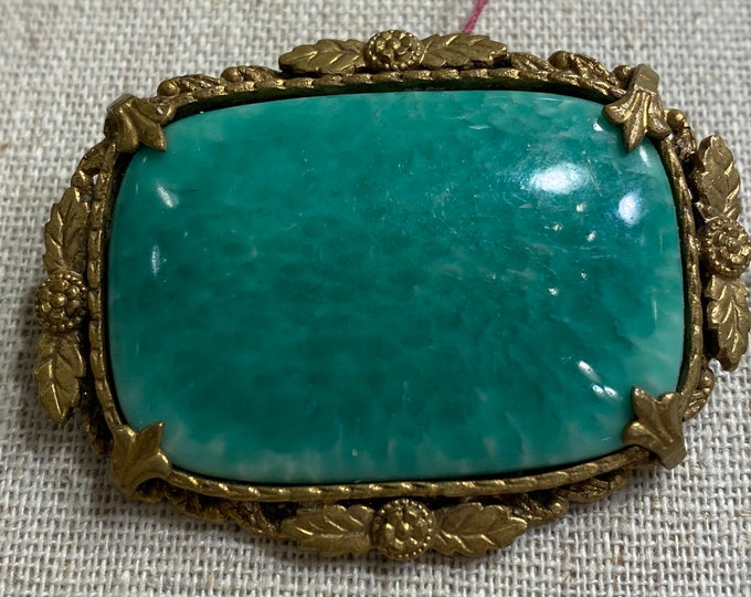 Antique 1920s Green Art Glass Brooch