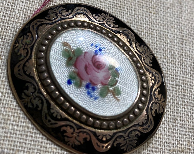 Floral Guillache Enamel Brooch with Black Border