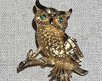 Small Signed Monet Gold Tone Owl Brooch With Green Rhinestone Eyes