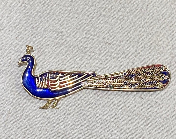 Vintage Enamel on Brass Figural Peacock Brooch