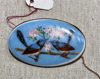 Early 1900s Birds Transfer on Porcelain Brooch