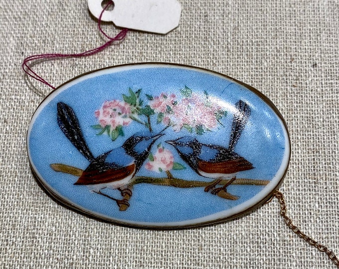 Early 1900s Birds Transfer on Porcelain Brooch