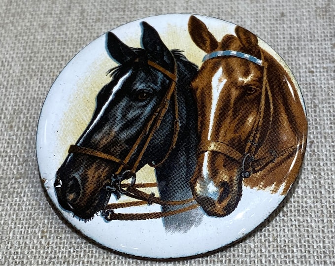 Round Enamel Brooch With Two Horse Heads