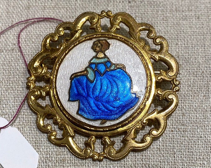 Guilloché Enamel Woman in Blue Dress Brooch