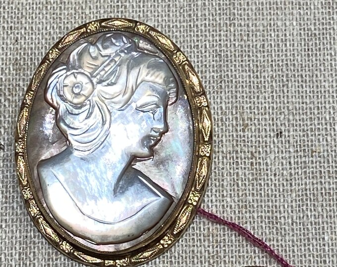 Gold Filled Carved Mother of Pearl Cameo Brooch Pendant