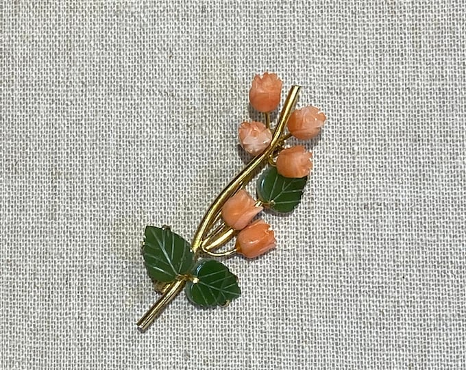 1970s Carved Orange Coral And Green Jadite Branch Brooch