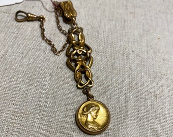 Art Nouveau Gold Filled Watch Chain, Clip, and Portrait Fob