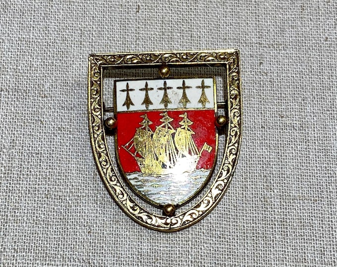 Heraldic Red and White Enamel Ship Brooch