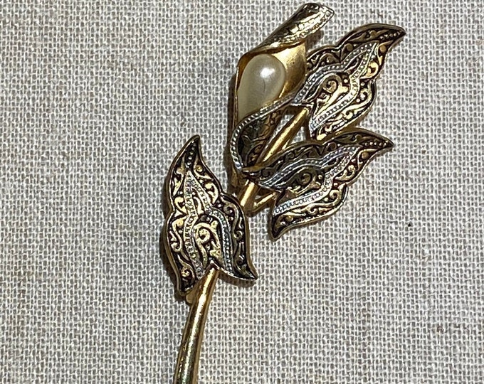 Made in Spain Damascene Branch Brooch With Faux Pearl